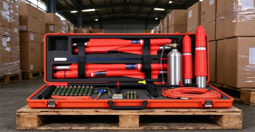 Pneumatic line thrower kit on pallet manufactured by YRF China supplier as complete rescue equipment for government and NGO procurement with reinforced materials tested for repeated rescue missions Pneumatic line thrower kit on pallet manufactured by YRF China supplier as complete rescue equipment for government and NGO procurement with reinforced materials tested for repeated rescue missions