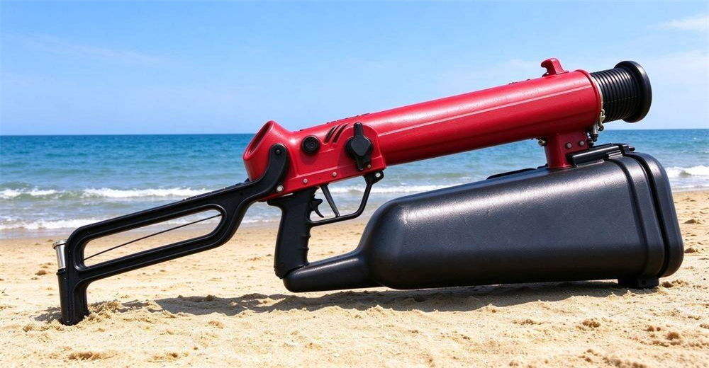 Red pneumatic line thrower standing on sandy beach with blue ocean background manufactured by YRF China supplier as complete rescue equipment for government and NGO procurement Red pneumatic line thrower standing on sandy beach with blue ocean background manufactured by YRF China supplier as complete rescue equipment for government and NGO procurement