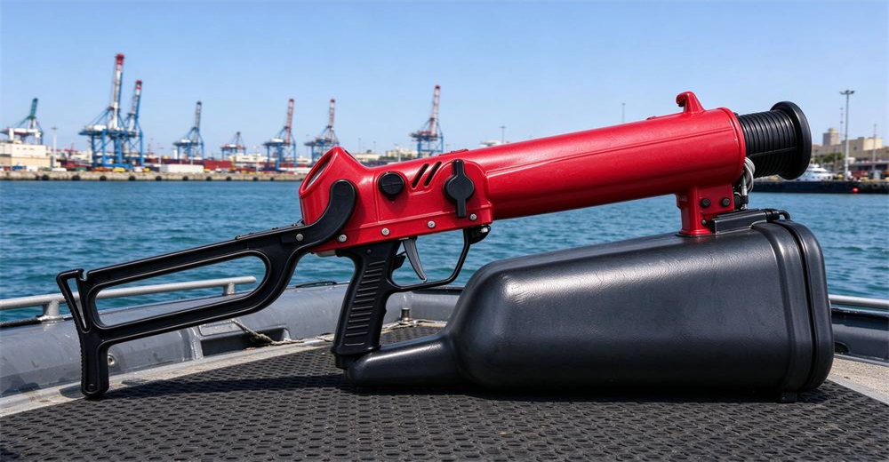 Pneumatic line thrower on work boat deck in harbor macro detail showing durable construction for long service life in professional water rescue operations Pneumatic line thrower on work boat deck in harbor macro detail showing durable construction for long service life in professional water rescue operations