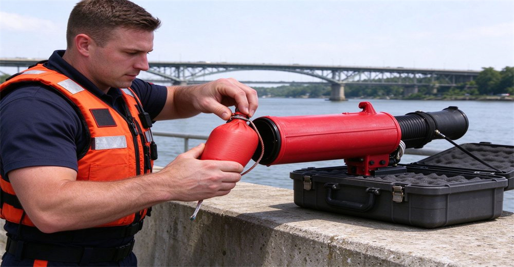 Rescuer loading red buoyant cartridge into long distance pneumatic line thrower at concrete embankment, hard case with accessories, river bridge background Rescuer loading red buoyant cartridge into long distance pneumatic line thrower at concrete embankment, hard case with accessories, river bridge background