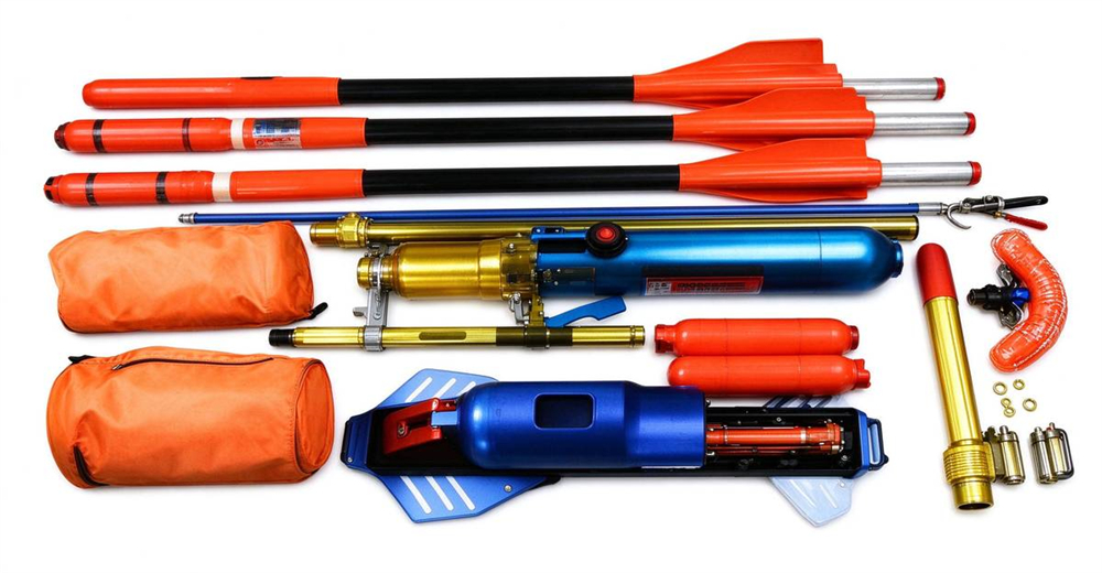 Professional long range pneumatic line thrower with blue power unit and orange rockets macro detail showing durable construction for long service life in professional water rescue operations Professional long range pneumatic line thrower with blue power unit and orange rockets macro detail showing durable construction for long service life in professional water rescue operations