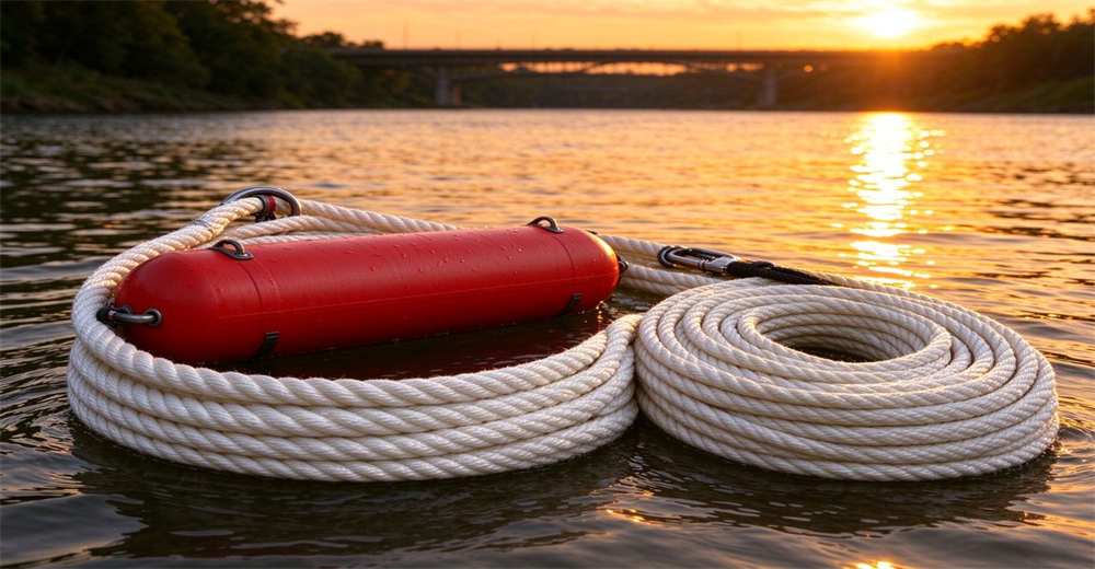 Red buoyant cartridge and white rope floating on golden dusk water for flagship pneumatic line thrower, sparkling river surface, bridge shadow background Red buoyant cartridge and white rope floating on golden dusk water for flagship pneumatic line thrower, sparkling river surface, bridge shadow background