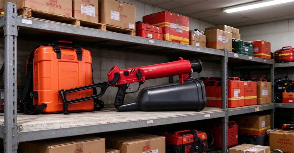 Pneumatic line thrower kit stored on warehouse shelf in flood stockpile manufactured by YRF China supplier as complete rescue equipment for government and NGO procurement Pneumatic line thrower kit stored on warehouse shelf in flood stockpile manufactured by YRF China supplier as complete rescue equipment for government and NGO procurement