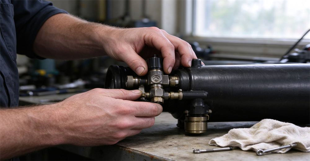 Pneumatic line thrower hands inspecting cylinder valve on workbench macro detail showing durable construction for long service life in professional water rescue operations Pneumatic line thrower hands inspecting cylinder valve on workbench macro detail showing durable construction for long service life in professional water rescue operations