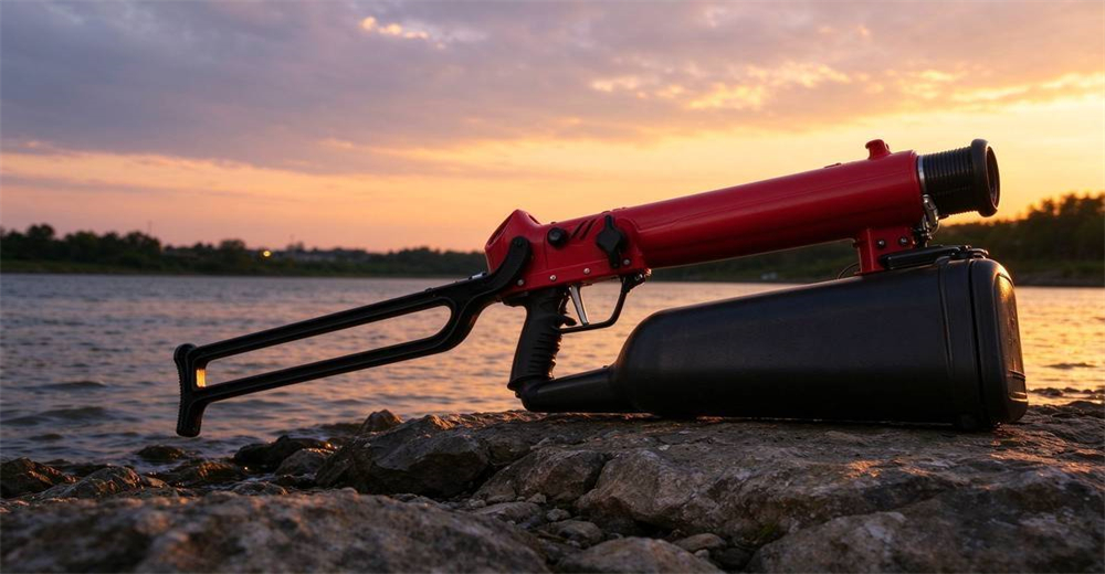 Red pneumatic line thrower on rocky shore at dusk golden hour by wide river macro detail showing durable construction for long service life in professional water rescue operations Red pneumatic line thrower on rocky shore at dusk golden hour by wide river macro detail showing durable construction for long service life in professional water rescue operations
