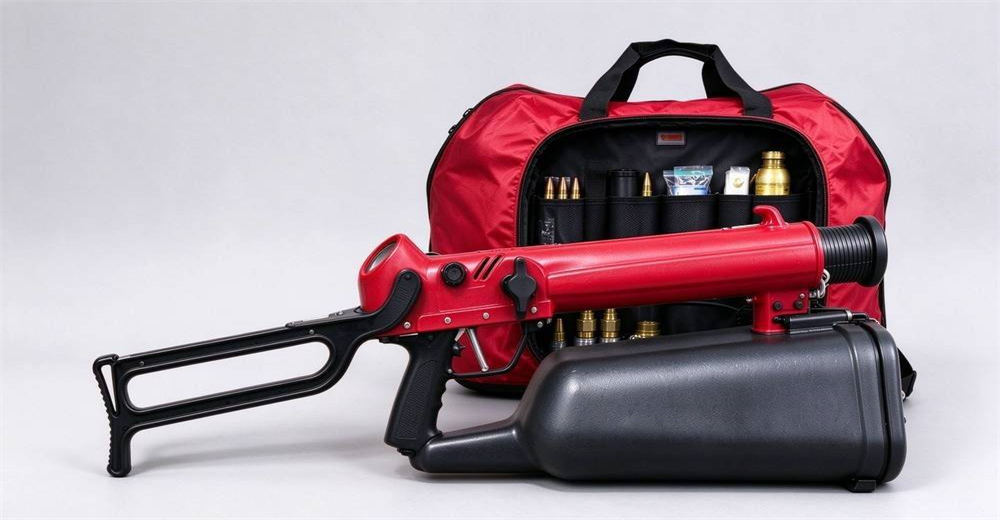 Red pneumatic line thrower in front of open red backpack showing internal storage macro detail showing durable construction for long service life in professional water rescue operations Red pneumatic line thrower in front of open red backpack showing internal storage macro detail showing durable construction for long service life in professional water rescue operations