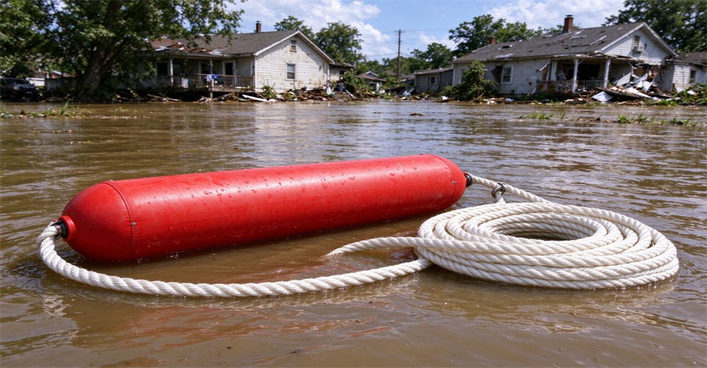 Red buoyant cartridge and white rope floating in flood water for ultra long distance pneumatic line thrower, flooded houses background, rescue scene Red buoyant cartridge and white rope floating in flood water for ultra long distance pneumatic line thrower, flooded houses background, rescue scene